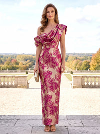 Sheath/Column Evening Dresses One Shoulder Sleeveless Jacquard Magenta Draped Formal Wedding Guest Dress
