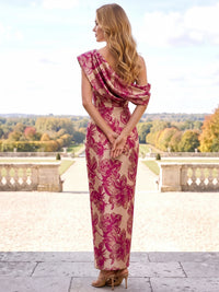 Sheath/Column Evening Dresses One Shoulder Sleeveless Jacquard Magenta Draped Formal Wedding Guest Dress