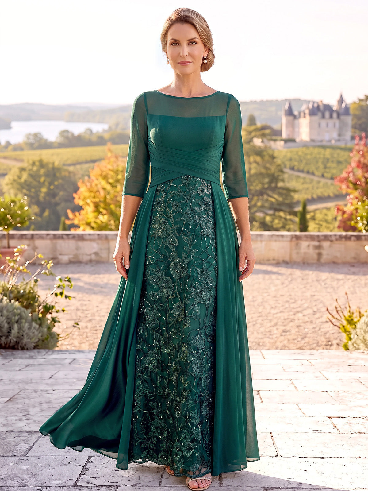 A-Line Mother Of The Bride Dresses Elegant Formal Chiffon Sequined Embroidery Floor-Length 1/2 Sleeves Round Neck Zipper With Overskirt Wedding Guest