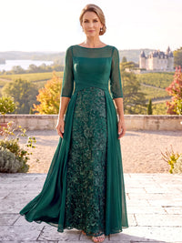 A-Line Mother Of The Bride Dresses Elegant Formal Chiffon Sequined Embroidery Floor-Length 1/2 Sleeves Round Neck Zipper With Overskirt Wedding Guest