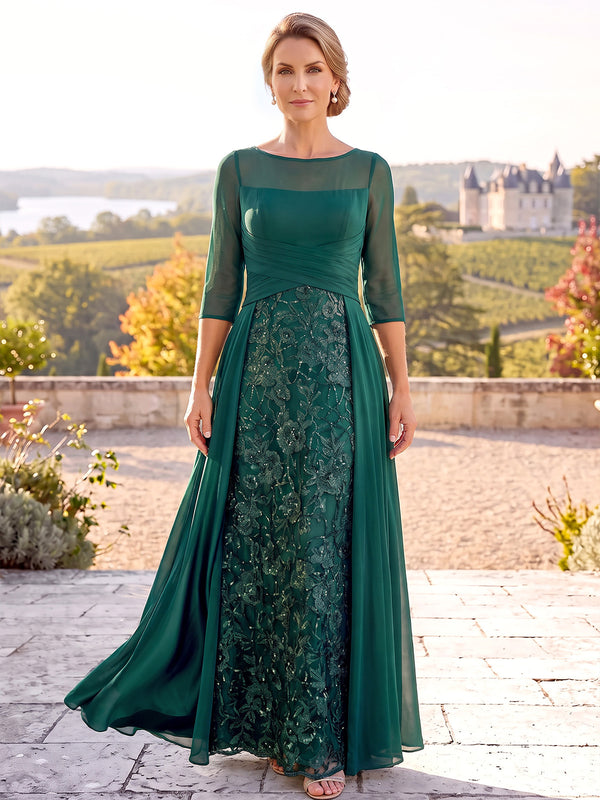 A-Line Mother Of The Bride Dresses Elegant Formal Chiffon Sequined Embroidery Floor-Length 1/2 Sleeves Round Neck Zipper With Overskirt Wedding Guest