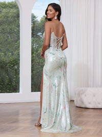 Trumpet/Mermaid Elegant Prom Dress Strapless Sleeveless Floor-length Corset Floral Printed Dress With Side Split&Sequins