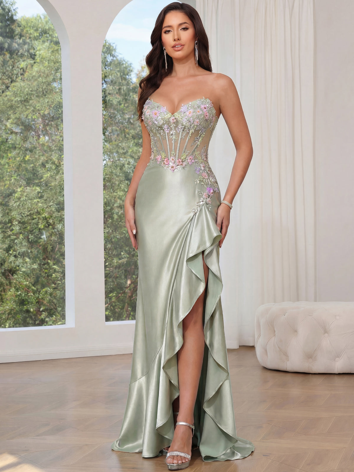 Trumpet/Mermaid Prom Dresses Basque Waist Satin Sweetheart Floor-Length Formal Corset Floral Dress With Beads&Ruffled Slit&Sequins