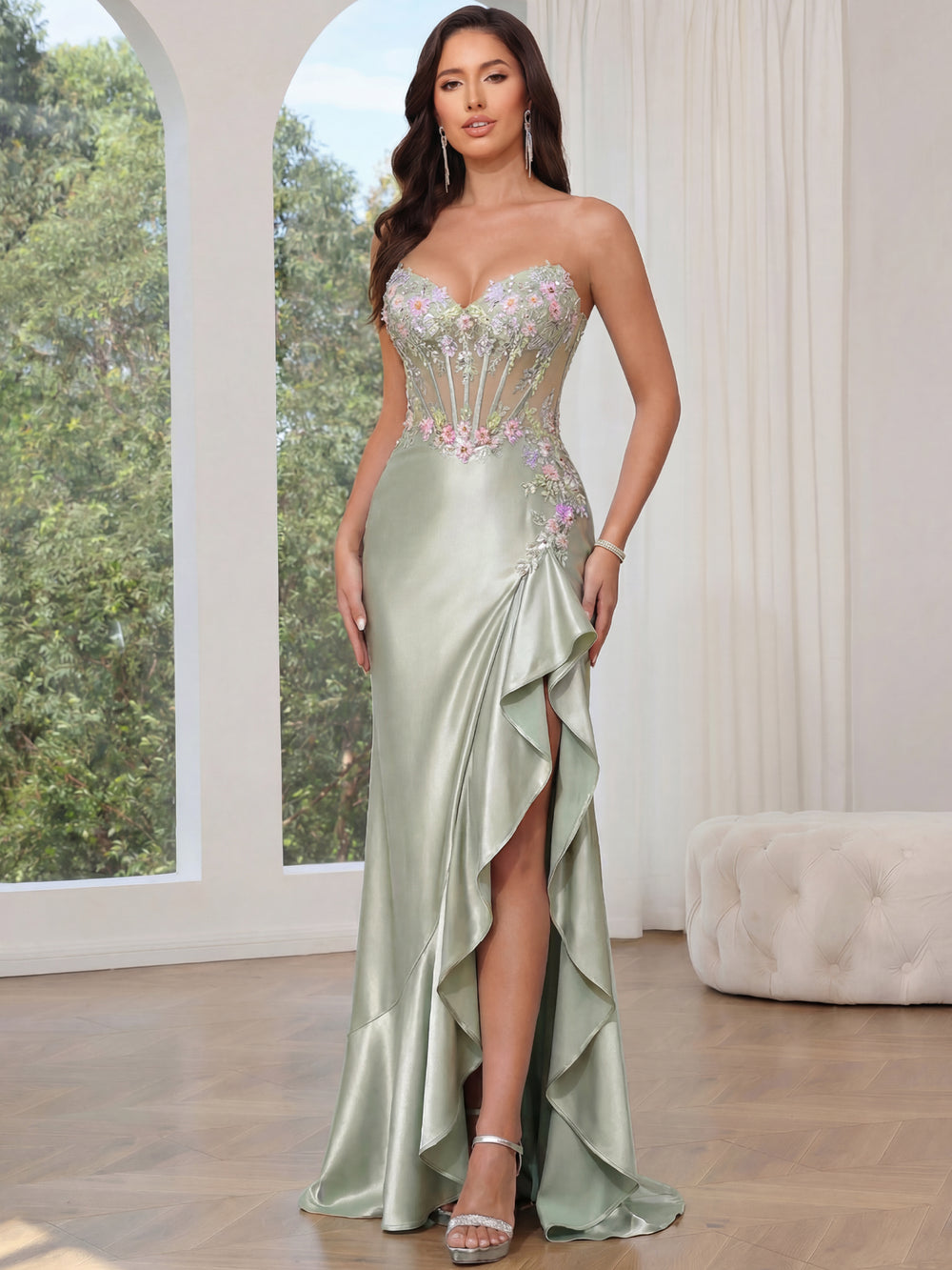 Trumpet/Mermaid Prom Dresses Basque Waist Satin Sweetheart Floor-Length Formal Corset Floral Dress With Beads&Ruffled Slit&Sequins