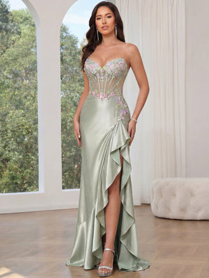 Trumpet/Mermaid Prom Dresses Basque Waist Satin Sweetheart Floor-Length Formal Corset Floral Dress With Beads&Ruffled Slit&Sequins
