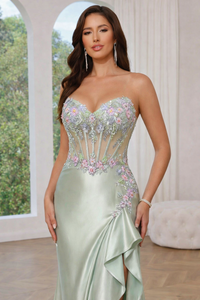 Trumpet/Mermaid Prom Dresses Basque Waist Satin Sweetheart Floor-Length Formal Corset Floral Dress With Beads&Ruffled Slit&Sequins