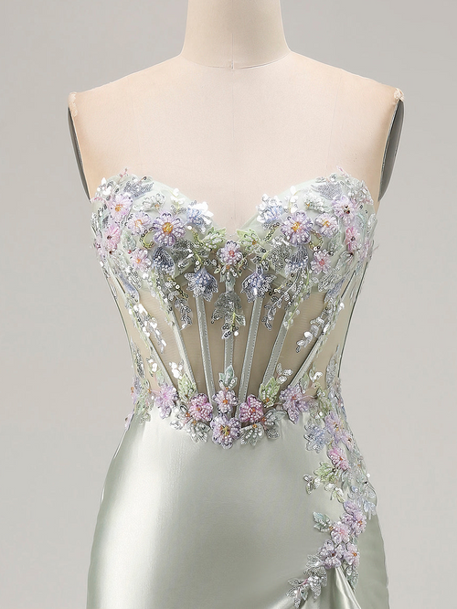 Trumpet/Mermaid Prom Dresses Basque Waist Satin Sweetheart Floor-Length Formal Corset Floral Dress With Beads&Ruffled Slit&Sequins