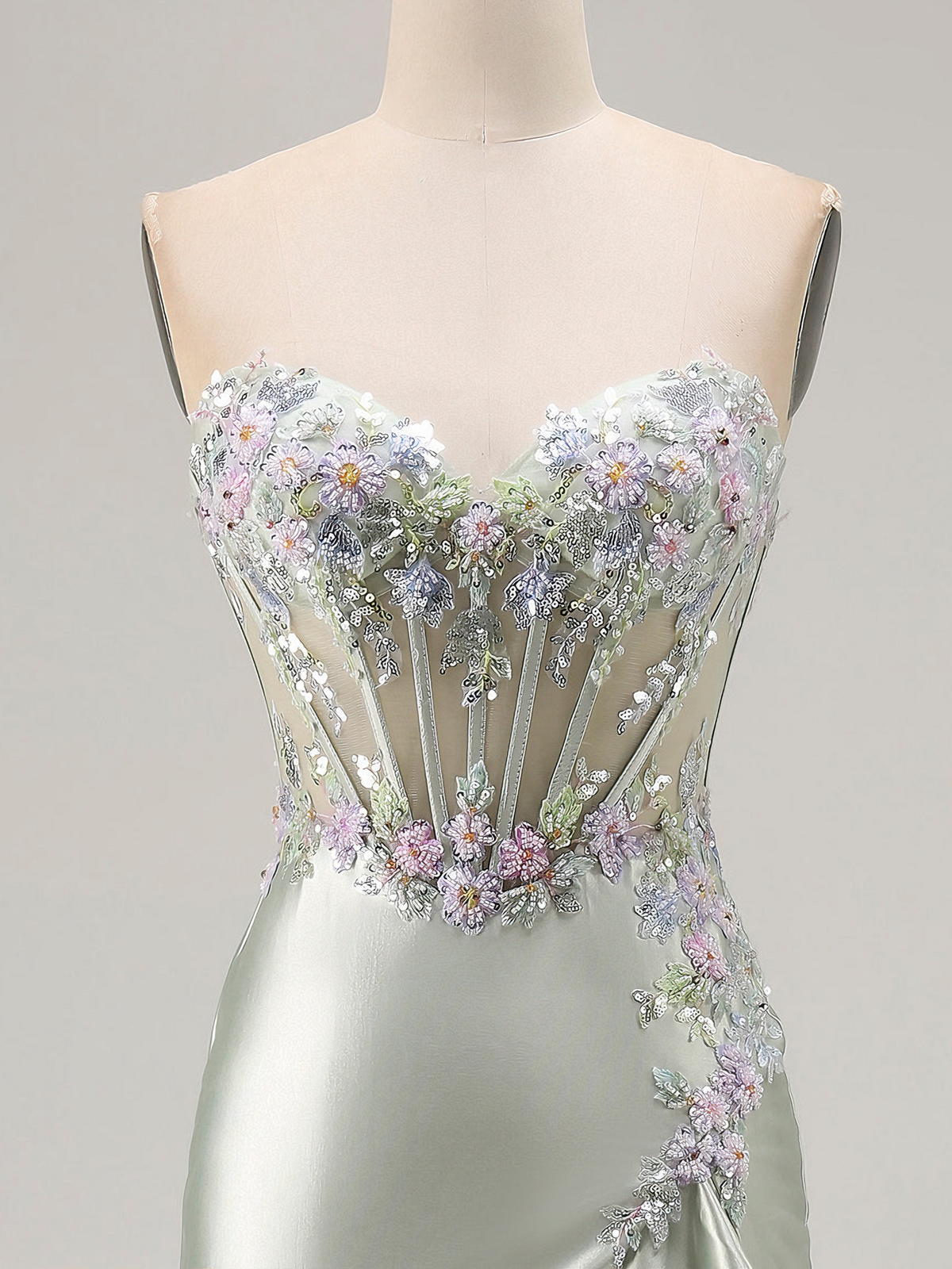 Trumpet/Mermaid Prom Dresses Basque Waist Satin Sweetheart Floor-Length Formal Corset Floral Dress With Beads&Ruffled Slit&Sequins