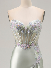 Trumpet/Mermaid Prom Dresses Basque Waist Satin Sweetheart Floor-Length Formal Corset Floral Dress With Beads&Ruffled Slit&Sequins