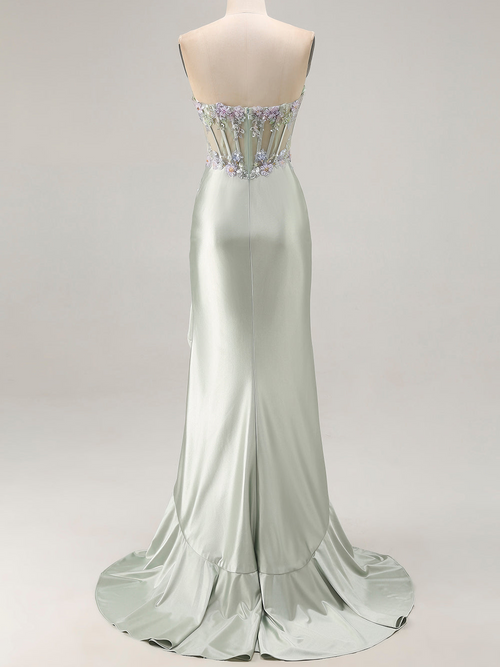 Trumpet/Mermaid Prom Dresses Basque Waist Satin Sweetheart Floor-Length Formal Corset Floral Dress With Beads&Ruffled Slit&Sequins