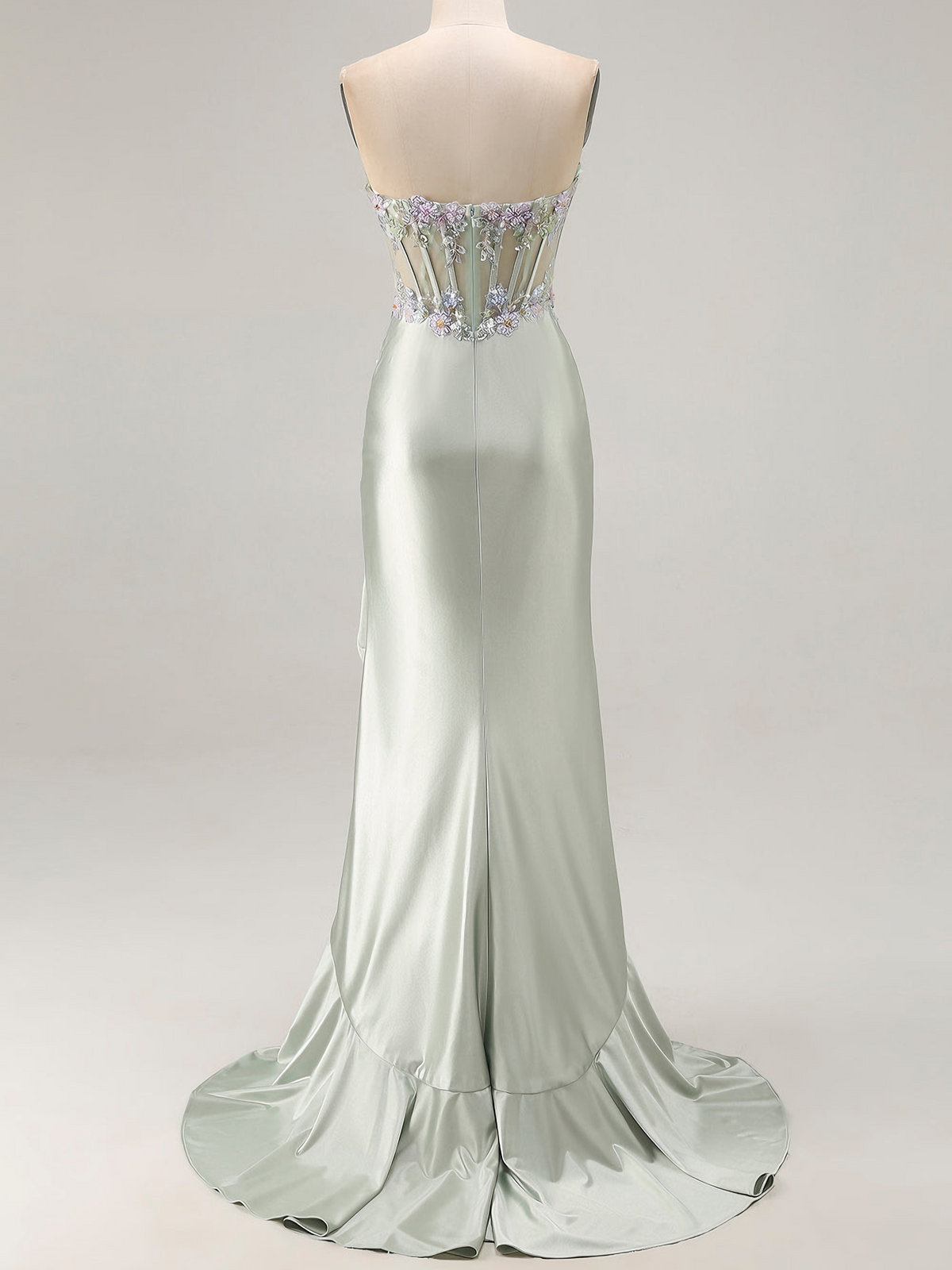 Trumpet/Mermaid Prom Dresses Basque Waist Satin Sweetheart Floor-Length Formal Corset Floral Dress With Beads&Ruffled Slit&Sequins