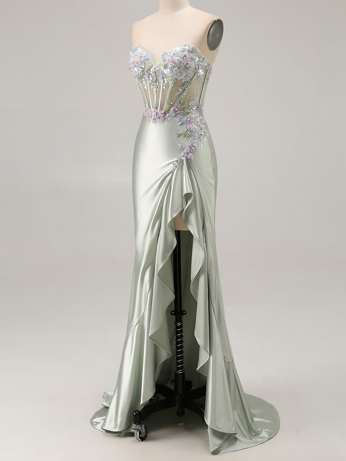 Trumpet/Mermaid Prom Dresses Basque Waist Satin Sweetheart Floor-Length Formal Corset Floral Dress With Beads&Ruffled Slit&Sequins