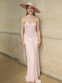 Mermaid Pink Sequined Ruched Prom Dress Strapless Floor-length Sparkly Formal Dress with Scarf Wedding Guest