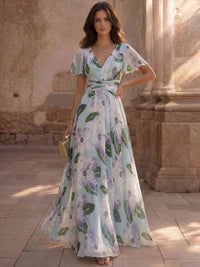 A Line/Princesses Floral Evening Dress Ruched Elegant Light Blue Floral Chiffon V Neck Short Sleeves Floor-length Casual Wedding Guest Dress