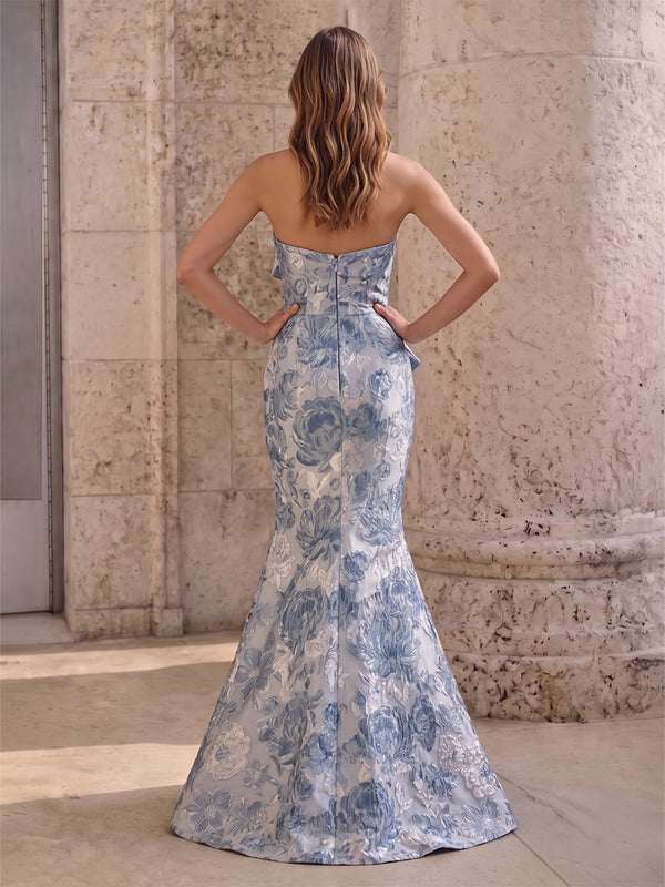 Mermaid Evening Dresses Elegant Floral Jacquard Strapless Scalloped Neck Sleeveless Floor-Length Ruched Formal Dresses