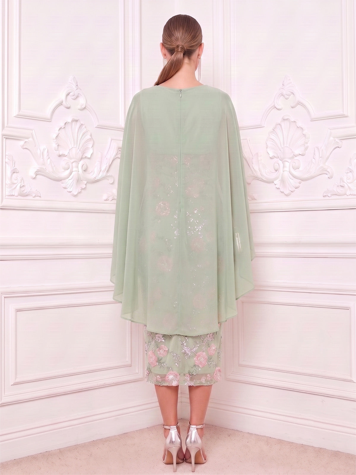 Sheath Mother Of The Bride Dresses Elegant Floral Sequins Tea-Length Bateau Neck Cape Sleeves Zipper Formal Dresses Wedding Guest