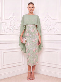 Sheath Mother Of The Bride Dresses Elegant Floral Sequins Tea-Length Bateau Neck Cape Sleeves Zipper Formal Dresses Wedding Guest