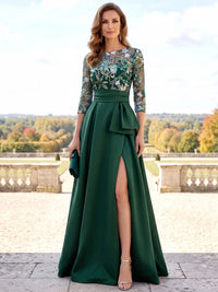 A-Line Evening Dresses Crew Neck Satin Long Sleeves Sequin Illusion Bodice  Formal Wedding Guest Dress