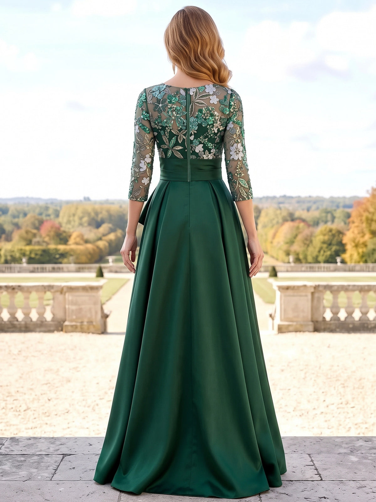 A-Line Evening Dresses Crew Neck Satin Long Sleeves Sequin Illusion Bodice  Formal Wedding Guest Dress