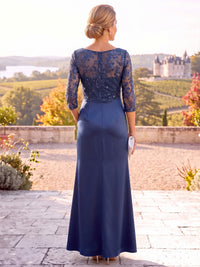 Sheath Mother Of The Bride Dresses Crew Neck Satin Floral Sequined Embroidery 3/4 Sleeves Ruched Side Slit Illusion Bodice Zipper Formal Dress Wedding Guest