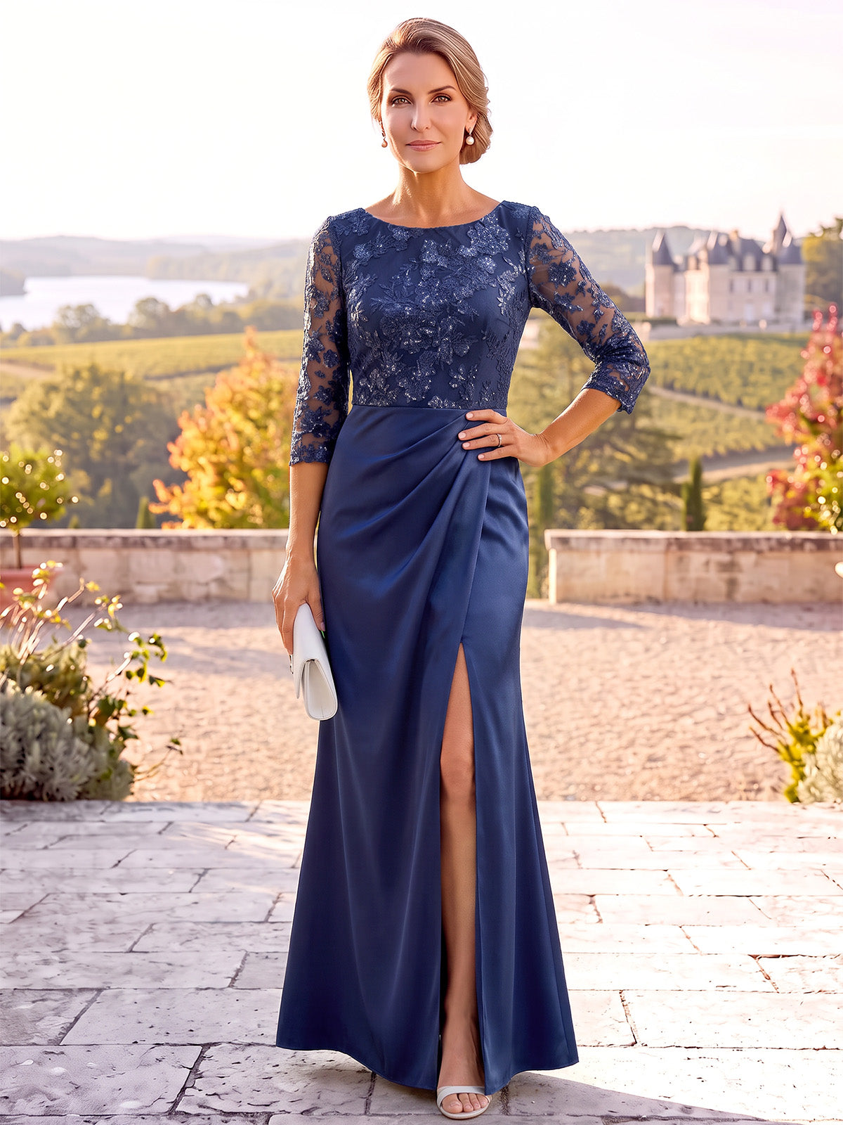 Sheath Mother Of The Bride Dresses Crew Neck Satin Floral Sequined Embroidery 3/4 Sleeves Ruched Side Slit Illusion Bodice Zipper Formal Dress Wedding Guest