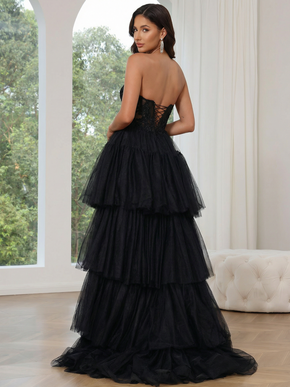 A-Line/Princess Prom Dresses Strapsless Floor-length High Low Dress Tiered Formal Corset Gown With Applique