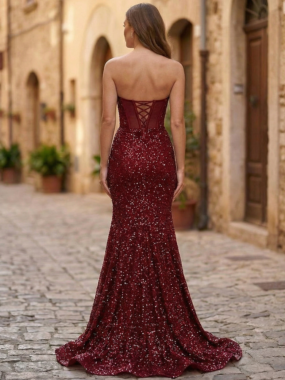 Mermaid Sequined Corset Prom Dress Strapless/Tube Neck Floor-length with Side Split