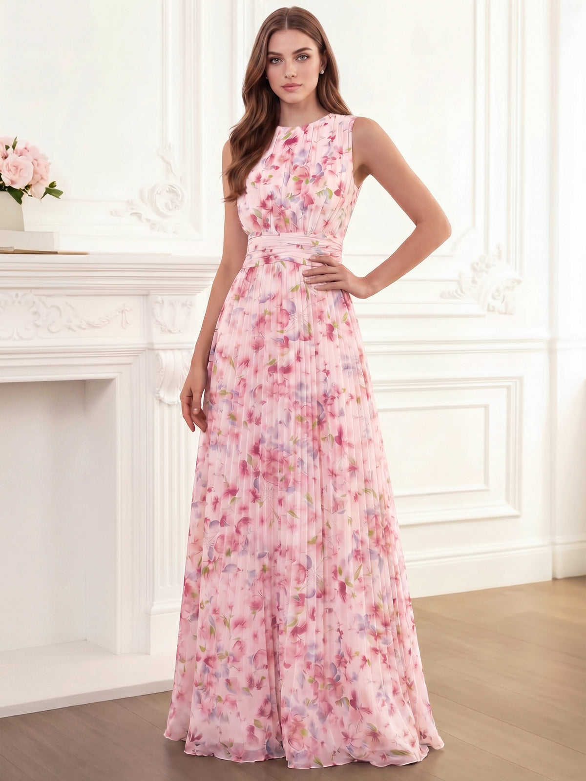 Nafori Pink A Line/Princesses Floral Evening Dress Ruched Chiffon Crew Neck Sleeveless Maxi Wedding Guest Dress 2026