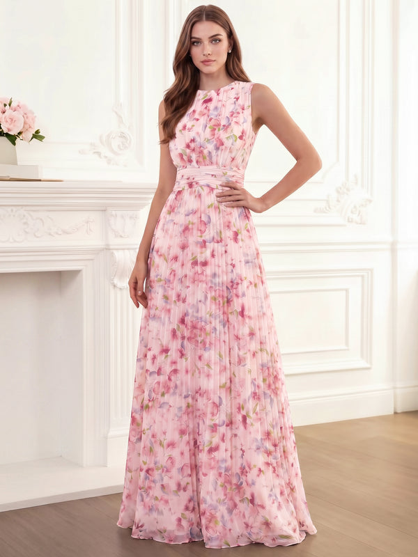A Line/Princesses Floral Evening Dress Ruched Chiffon Crew Neck Sleeveless Maxi Wedding Guest Dress