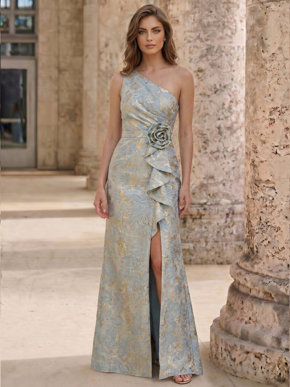 A-Line Evening Gown Elegant Jacquard Floral Dress Floor Length Flower Sleeveless One Shoulder Side Slit With Ruffle