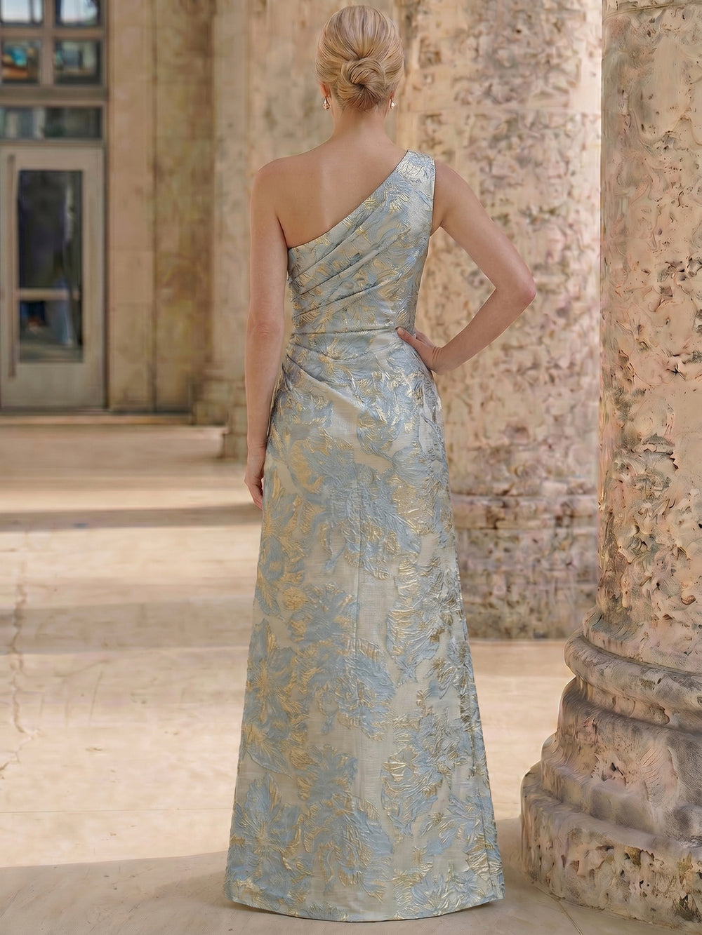 A-Line Evening Gown Elegant Jacquard Floral Dress Floor Length Flower Sleeveless One Shoulder Side Slit With Ruffle