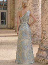 A-Line Evening Gown Elegant Jacquard Floral Dress Floor Length Flower Sleeveless One Shoulder Side Slit With Ruffle
