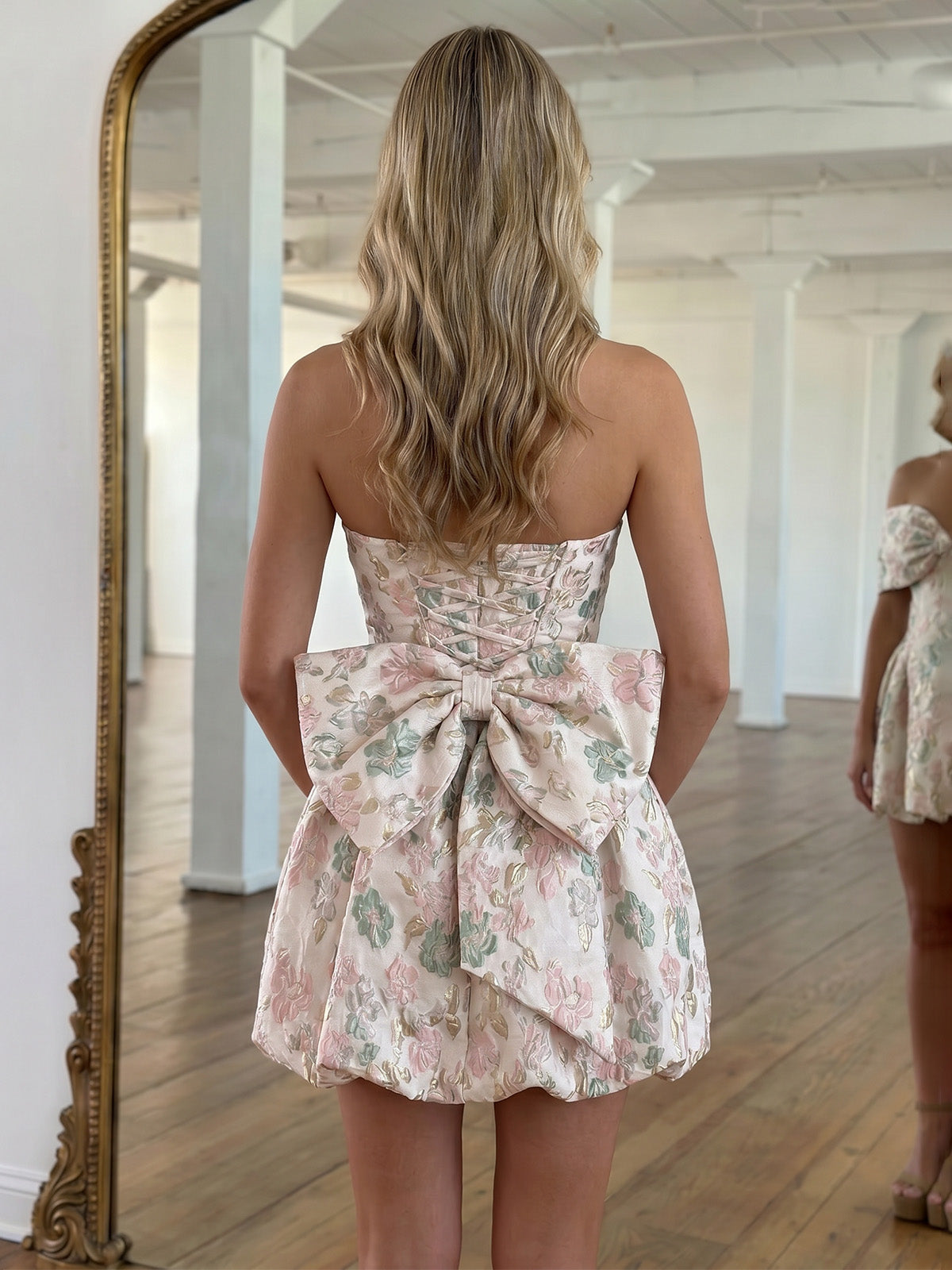 A-Line/Princess Homecoming Dresses Floral Jacquard Strapless Sleeveless Short Mini Bow Summer Party