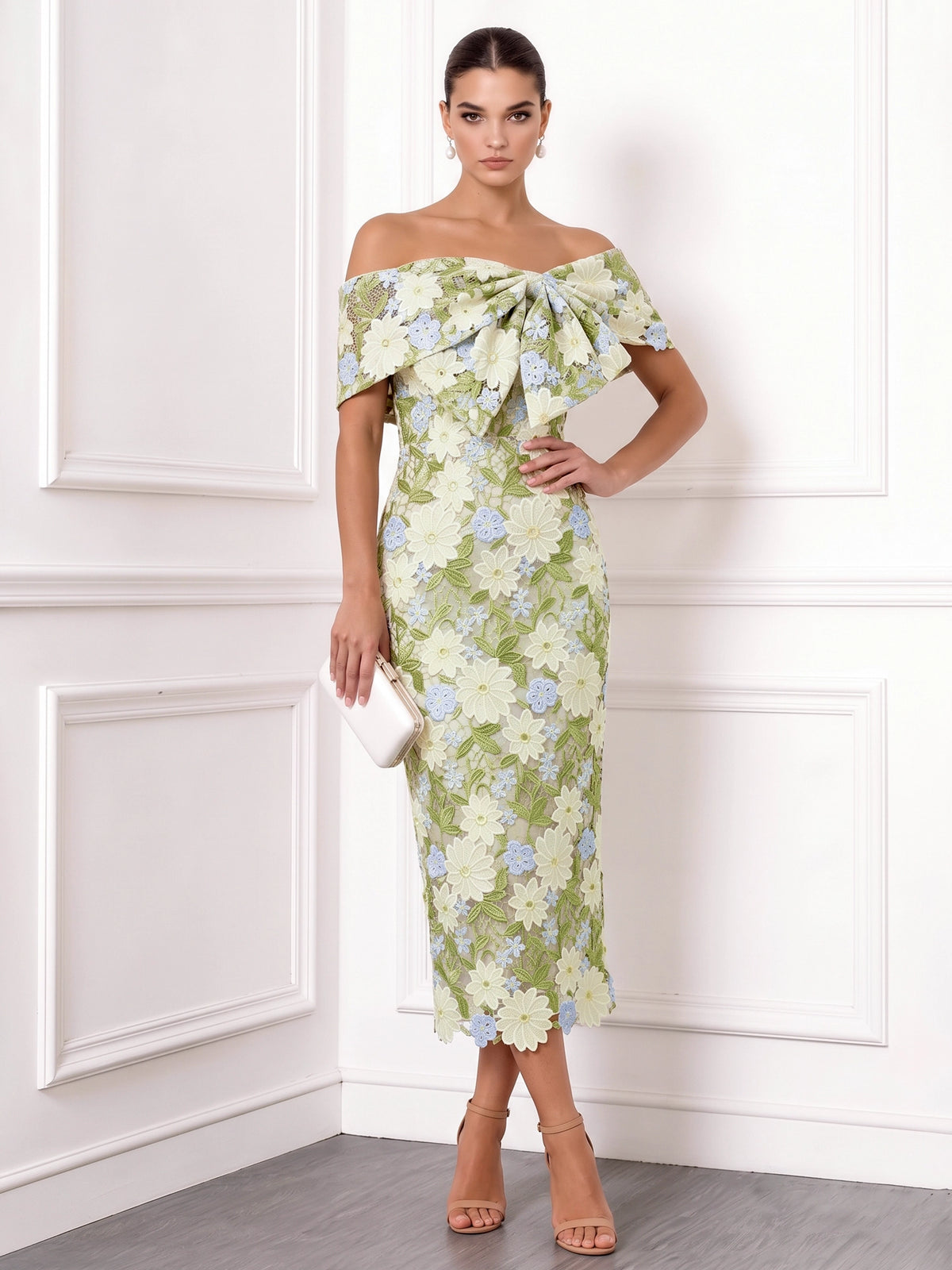 Sheath/Column Cocktail Dresses Elegant Floral Embroidery Ankle-Length Sleeveless Off The Shouler Zipper Back Slit Wedding Guest Dresses With Bow
