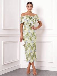 Sheath/Column Cocktail Dresses Elegant Floral Embroidery Ankle-Length Sleeveless Off The Shouler Zipper Back Slit Wedding Guest Dresses With Bow