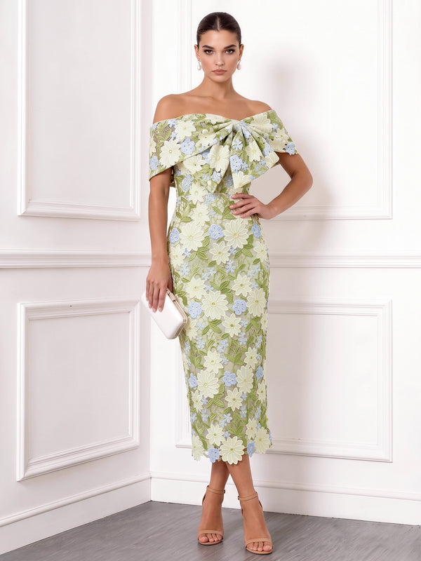 Sheath/Column Cocktail Dresses Elegant Floral Embroidery Ankle-Length Sleeveless Off The Shouler Zipper Back Slit Wedding Guest Dresses With Bow