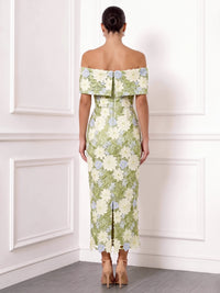 Sheath/Column Cocktail Dresses Elegant Floral Embroidery Ankle-Length Sleeveless Off The Shouler Zipper Back Slit Wedding Guest Dresses With Bow
