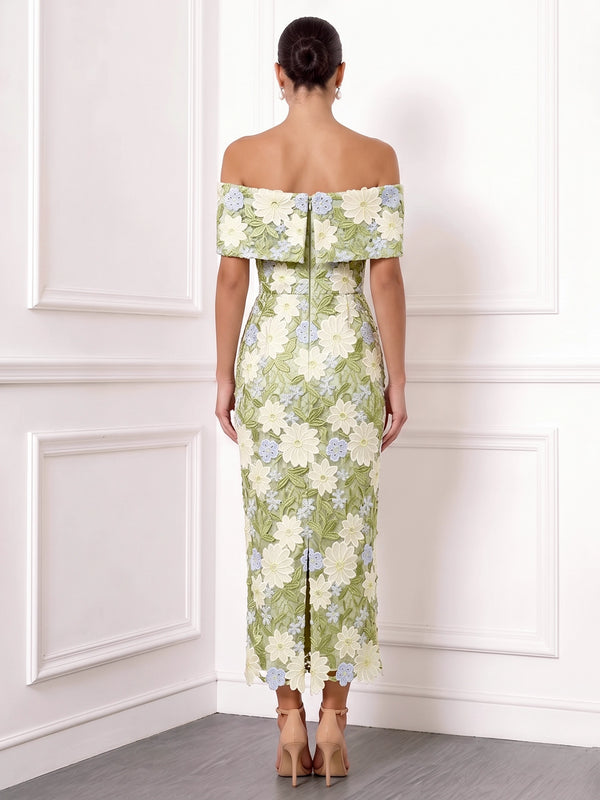 Sheath/Column Cocktail Dresses Elegant Floral Embroidery Ankle-Length Sleeveless Off The Shouler Zipper Back Slit Wedding Guest Dresses With Bow