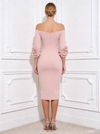 Sheath Mother Of The Bride Dresses Elegant Satin Tea-Length Off-The-Shoulder 1/2 Sleeves With 3D Flowers Zipper Formal Dresses Wedding Guest
