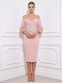 Sheath Mother Of The Bride Dresses Elegant Satin Tea-Length Off-The-Shoulder 1/2 Sleeves With 3D Flowers Zipper Formal Dresses Wedding Guest