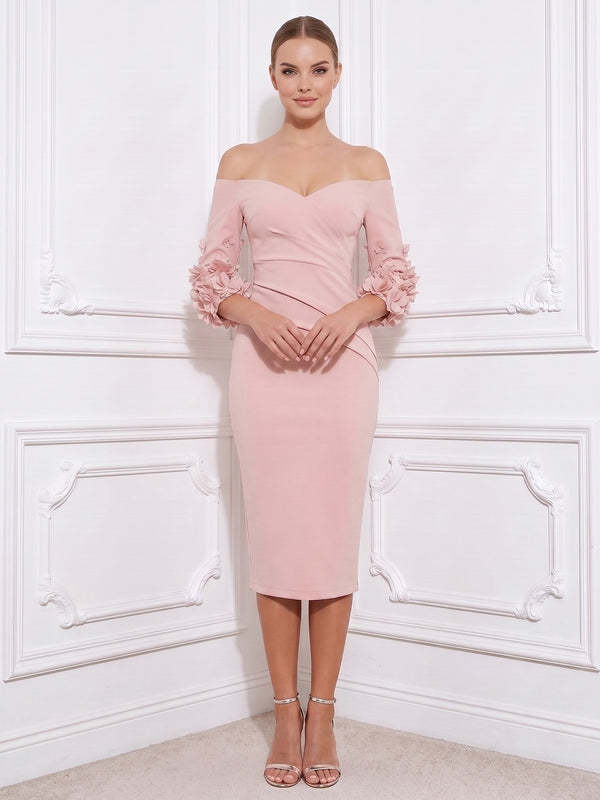 Sheath Mother Of The Bride Dresses Elegant Satin Tea-Length Off-The-Shoulder 1/2 Sleeves With 3D Flowers Zipper Formal Dresses Wedding Guest