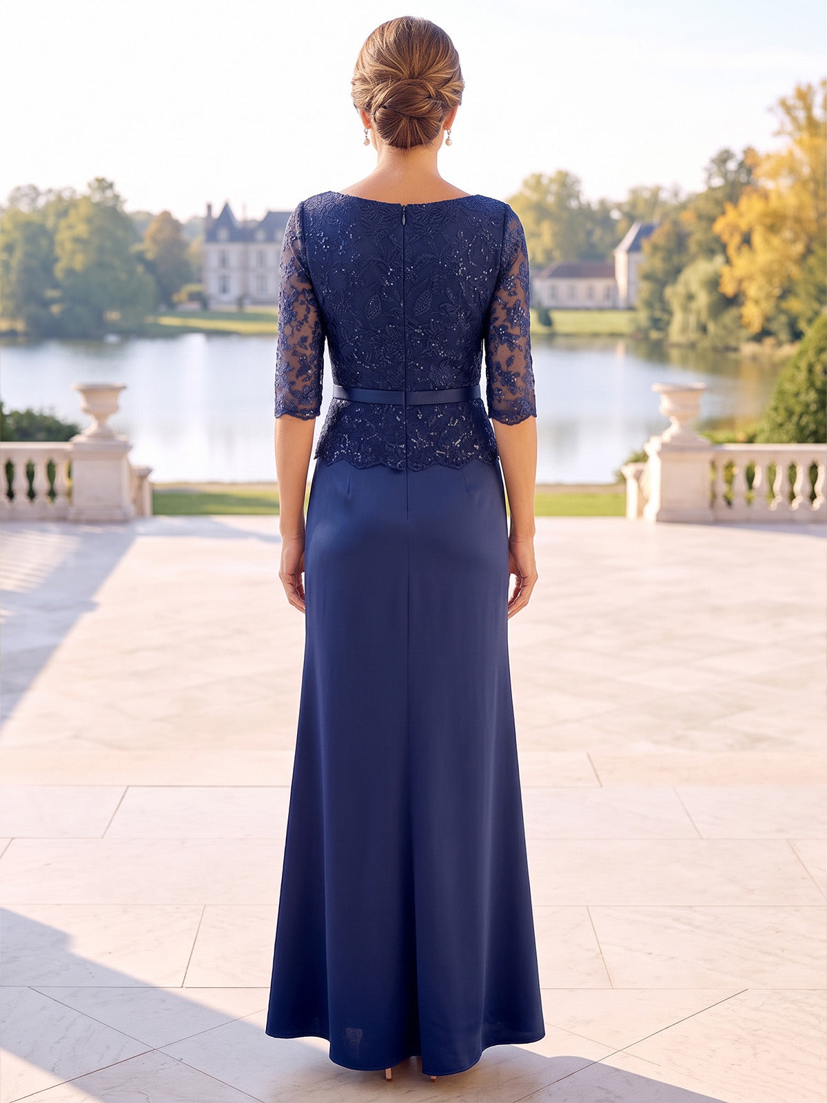 Sheath Mother Of The Bride Dresses Cowl Neck Satin Floral Sequined Embroidery 1/2 Sleeves Sash Illusion Bodice Zipper Formal Dress Wedding Guest