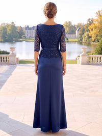 Sheath Mother Of The Bride Dresses Cowl Neck Satin Floral Sequined Embroidery 1/2 Sleeves Sash Illusion Bodice Zipper Formal Dress Wedding Guest