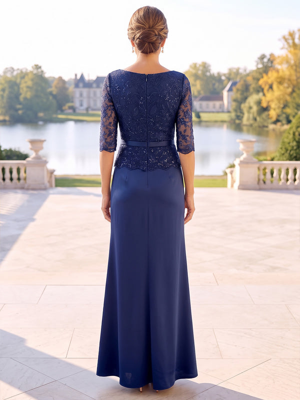 Sheath Mother Of The Bride Dresses Cowl Neck Satin Floral Sequined Embroidery 1/2 Sleeves Sash Illusion Bodice Zipper Formal Dress Wedding Guest