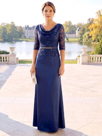 Sheath Mother Of The Bride Dresses Cowl Neck Satin Floral Sequined Embroidery 1/2 Sleeves Sash Illusion Bodice Zipper Formal Dress Wedding Guest