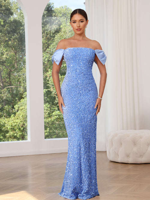 Sheath/Column Prom Dresses Sequins Off Shoulder Floor-length Sleeveless with Strap Bow