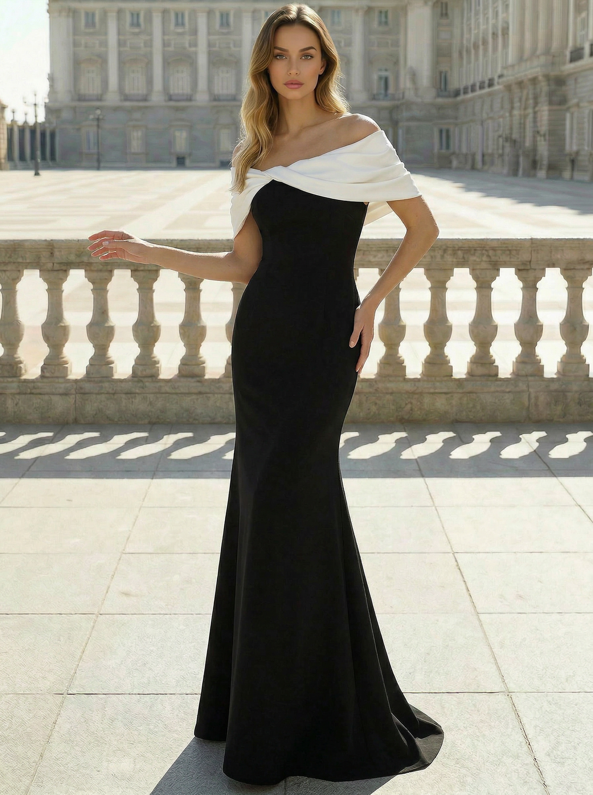 stretch chiffon dress Mermaid Formal Evening Dresses Floor-length Off-the-Shoulder Short Sleeves Color Block Formal Gown [color:black]color_family:black--9273351700737 What is Cocktail Attire pleated draping Waist-Inseam:38 x 30