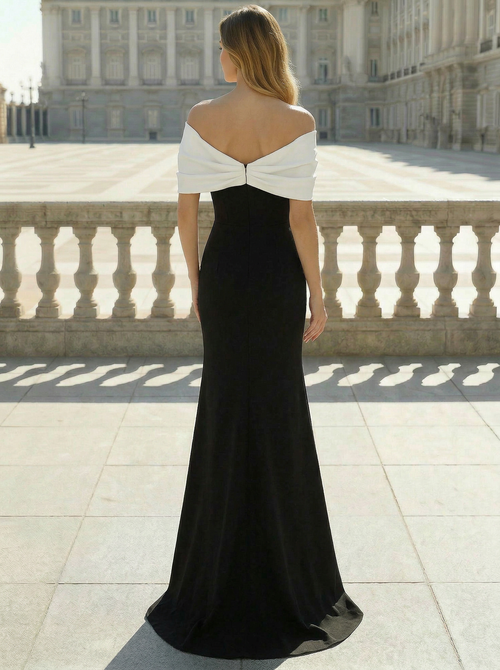 Mermaid Formal Evening Dresses Stretch Chiffon Floor-length Off-the-Shoulder Short Sleeves Color Block Formal Gown