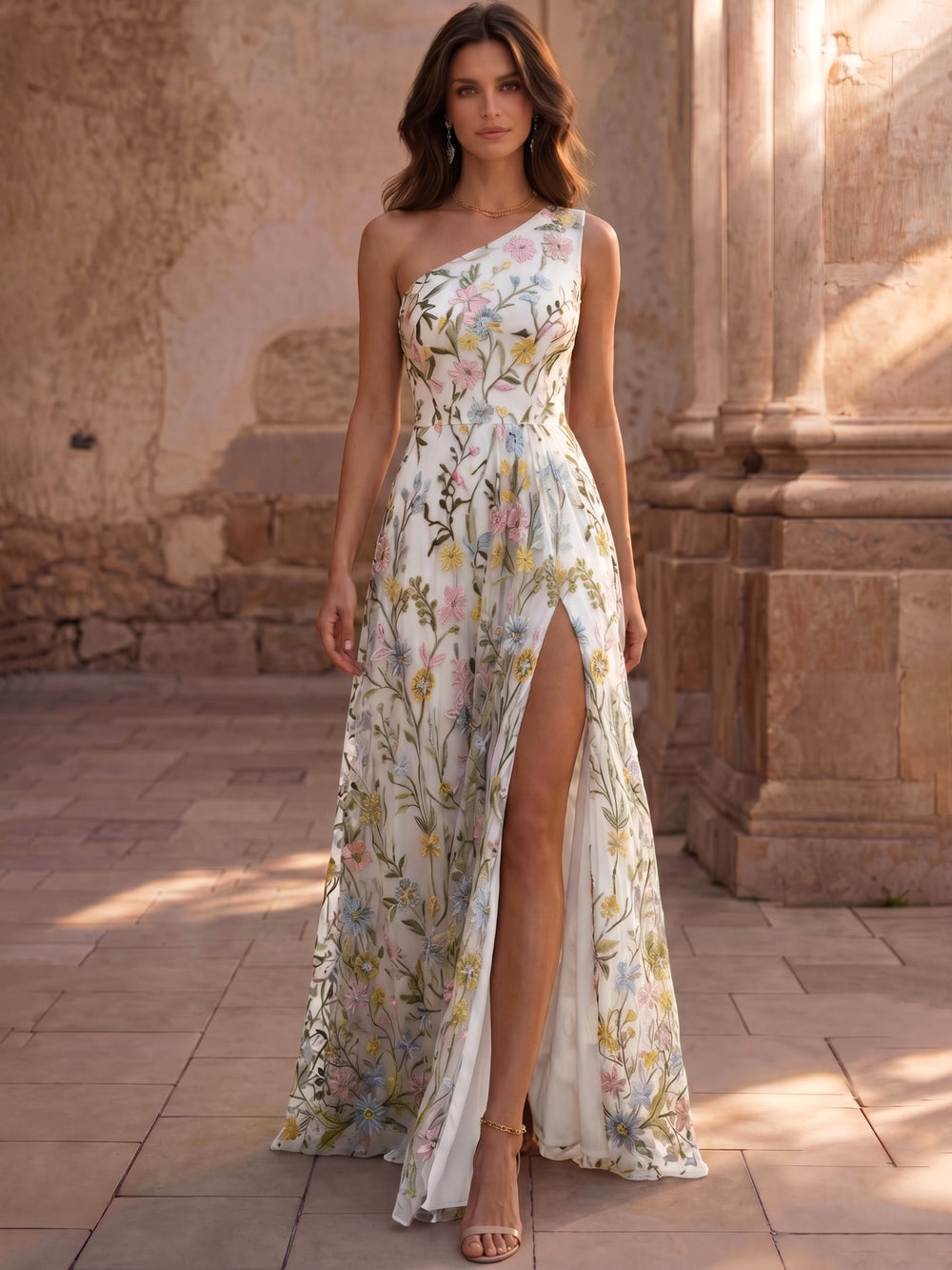 A-Line Floor Length Evening Gown Formal Dress Elegant Floral Sleeveless One Shoulder Garden Party Wedding Chiffon