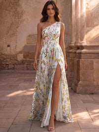 A-Line Floor Length Evening Gown Formal Dress Elegant Floral Sleeveless One Shoulder Garden Party Wedding Chiffon